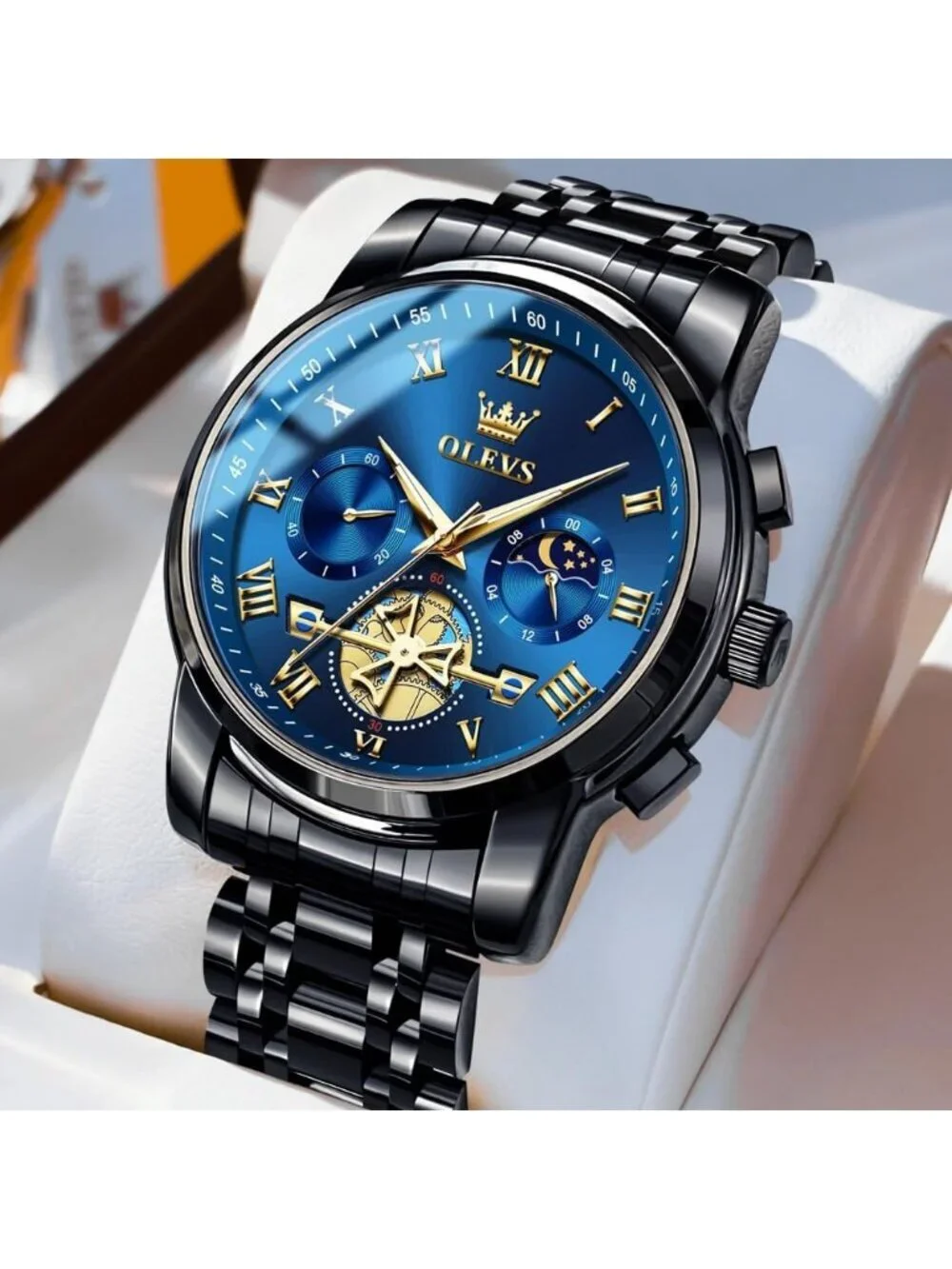 Men's Black Blue Luxury Stainless Chronograph Analog Quartz Waterproof Watch